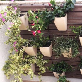 Revestimento modular de parede com cachepô com flores