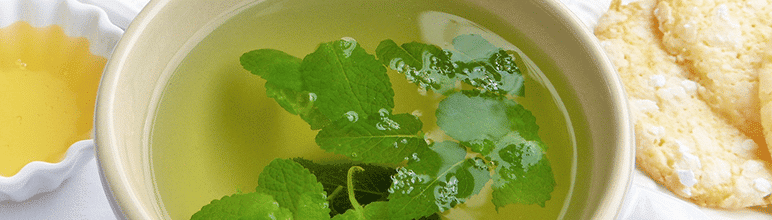folhas de chá verde na xícara