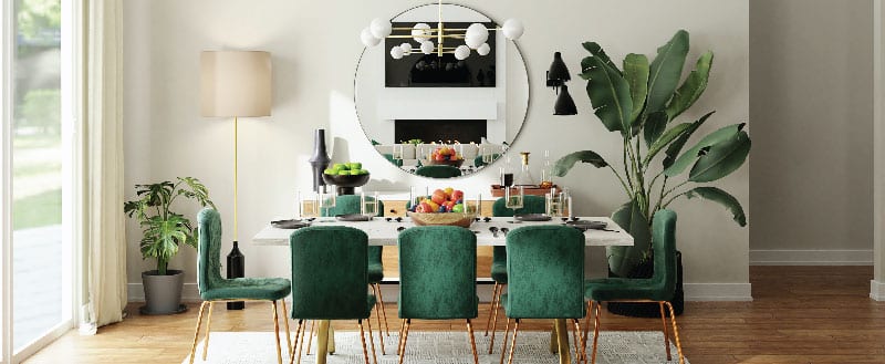 Sala com mesa de jantar e plantas.