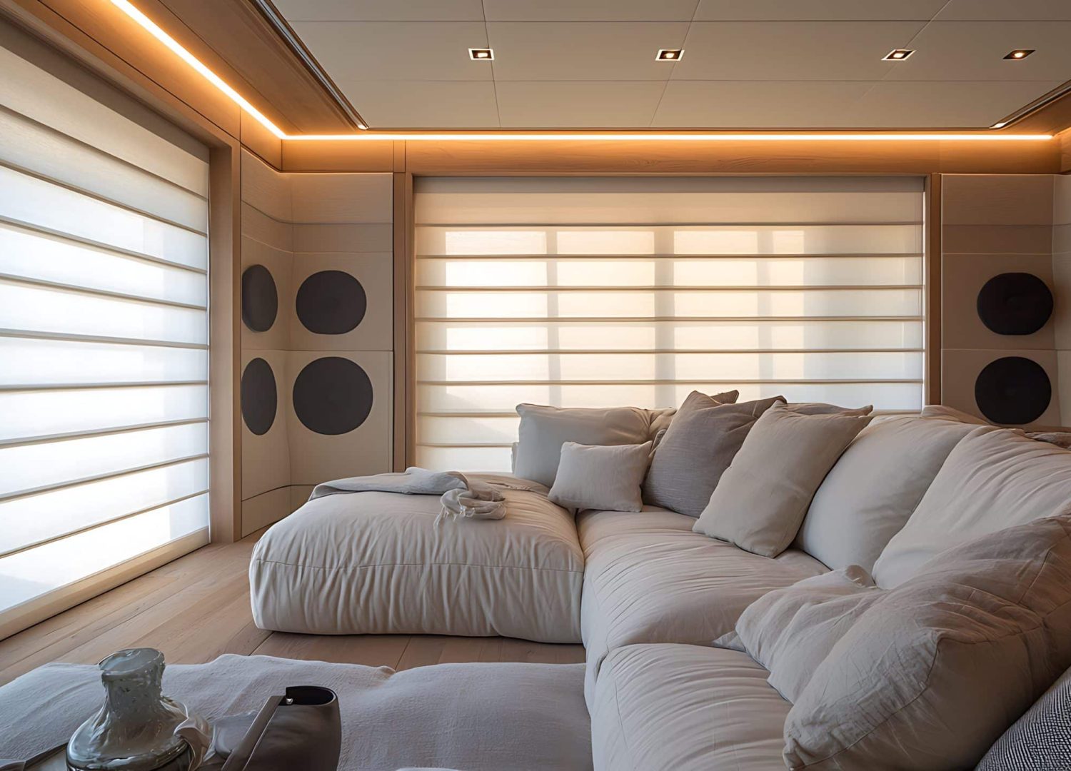 This image showcases a stunning modern living room interior, featuring a large beige sectional sofa adorned with plush cushions. The panoramic window with sleek blinds lets in abundant natural light, highlighting the elegant decor and peaceful atmosphere. Perfect for showcasing interior design, home décor, or luxury lifestyle concepts.
